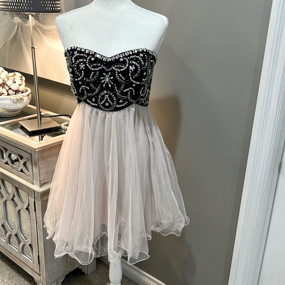 BLONDIE NITES Strapless Mini Dress with Rhinestones & Tule Skirt - Juniors 13
